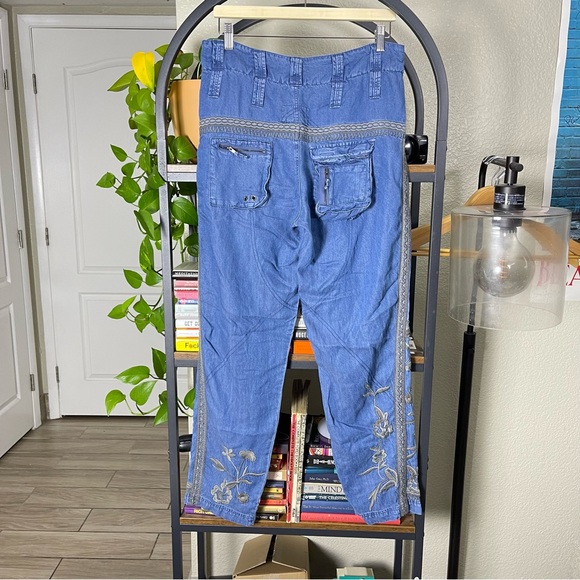 Johnny  Was Biya Aventura Blue Cargo Embroidered Jean Pant Size 8 $435 Wide Leg - Picture 4 of 13